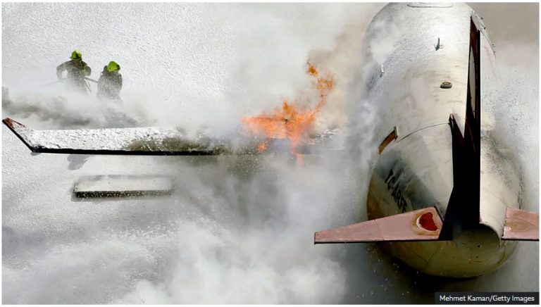The foam used to fight fires involving flammable liquids, such as on aircraft, often contain PFAS which can then get into the wider environment (Credit: Mehmet Kaman/Getty Images)