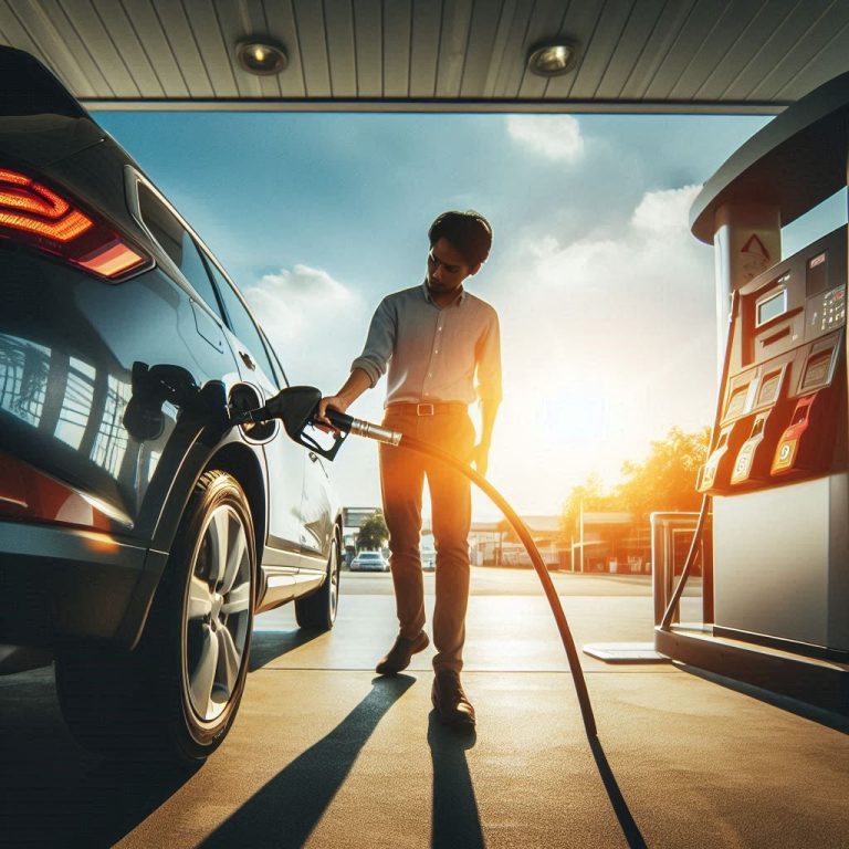 someone filling fuel tank for car